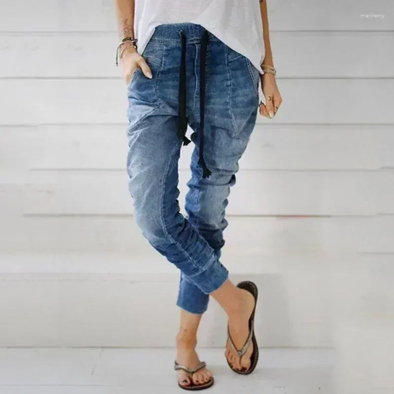 Kvinnors jeans vårens höstkvinnor mode dragsko elastisk midja lös denim harem byxor damer vintage bomull blyerts streetwear