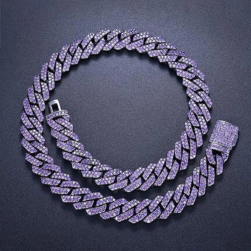 15mm Iced Cuban Link Prong Chain 2 Row Purple CZ Diamond Cubic Zirconia Hiphop Jewelry 16inch-24inch Choker Necklace272M