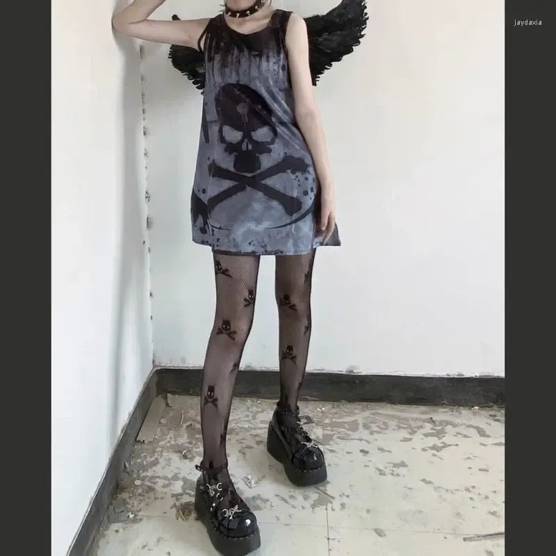 Robes décontractées Crâne Halloween Emo Punk Mini Robe Femmes Kawaii Goth Sombre Académique Esthétique Fée Grunge Alt Plus Taille Vêtements D'automne