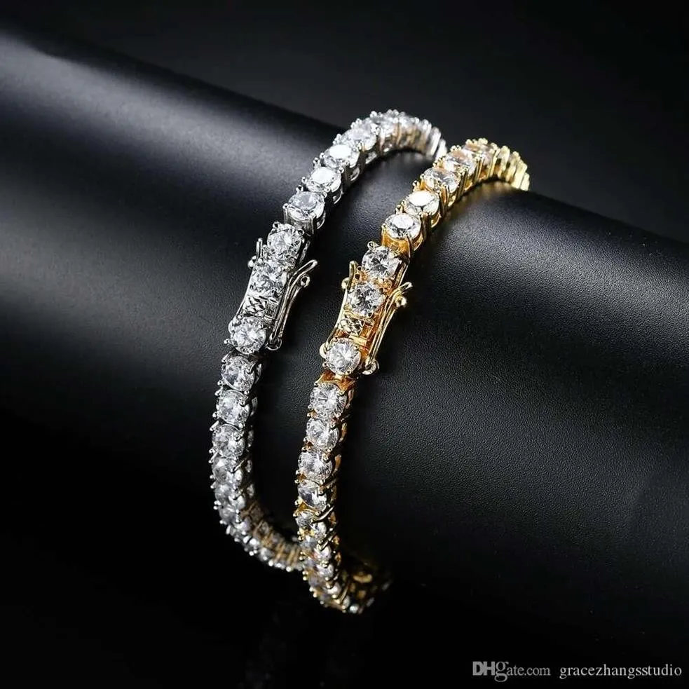 Bracelets de chaîne de diamants de tennis hip hop pour hommes, zircons en cuivre à la mode 7 8 pouces, bijoux en argent doré 276V