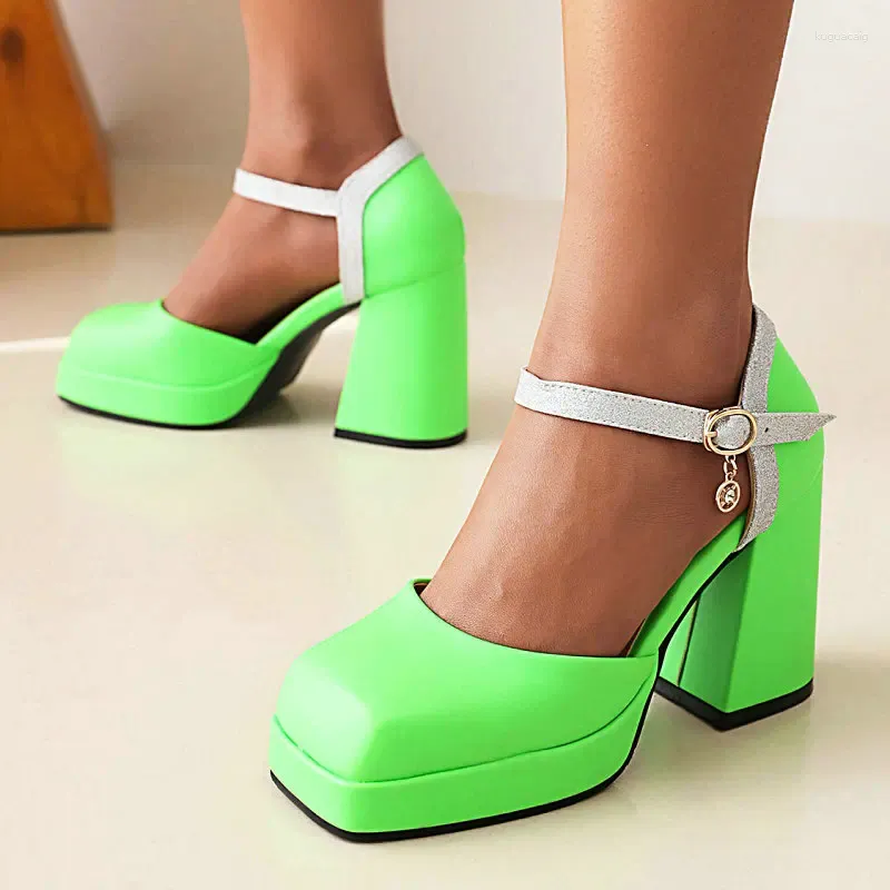 Sandaler ins sommar Green Orange Mary Janes pumpar storlek 34-43 Ankel Wrap Square Toe Chunky High Heels Women Platform Fashion Shoes