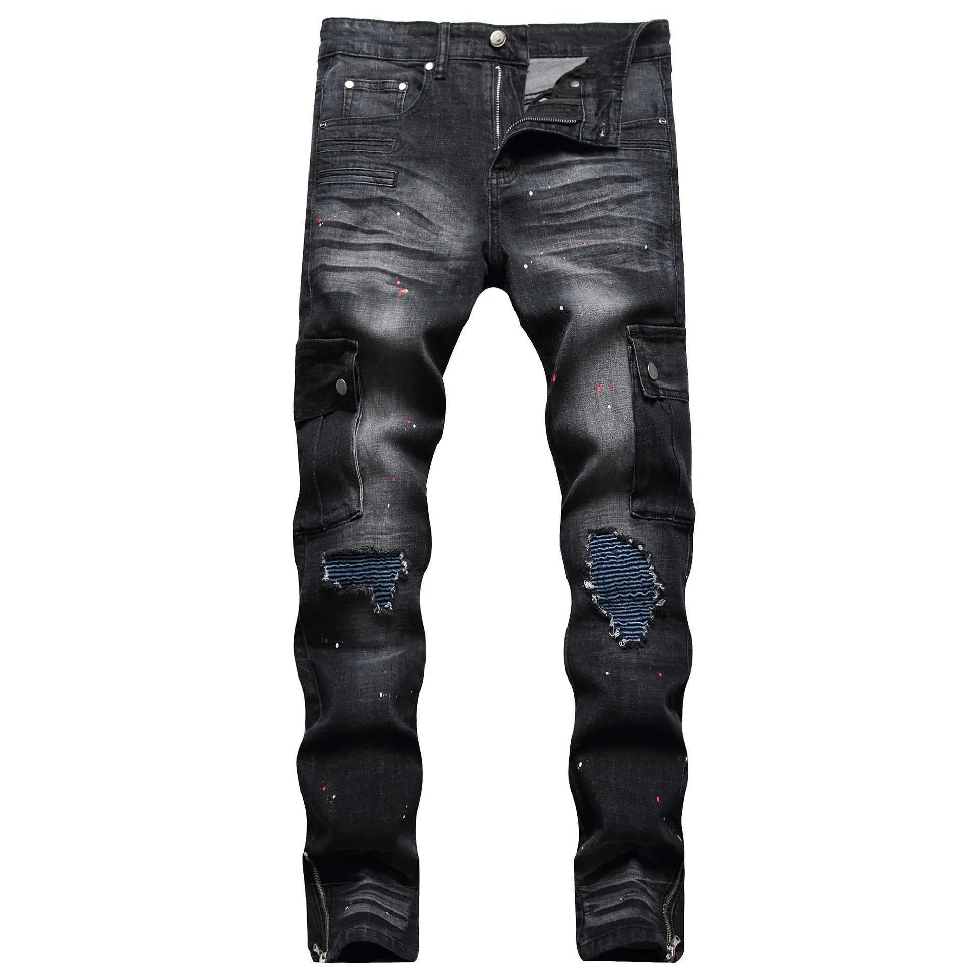 2022 Painted Slim Biker Crinkled Skinny Jeans Styles Men Big Pocket Jeans Zipper Slim High Quality Jeans Casual Sport jeans