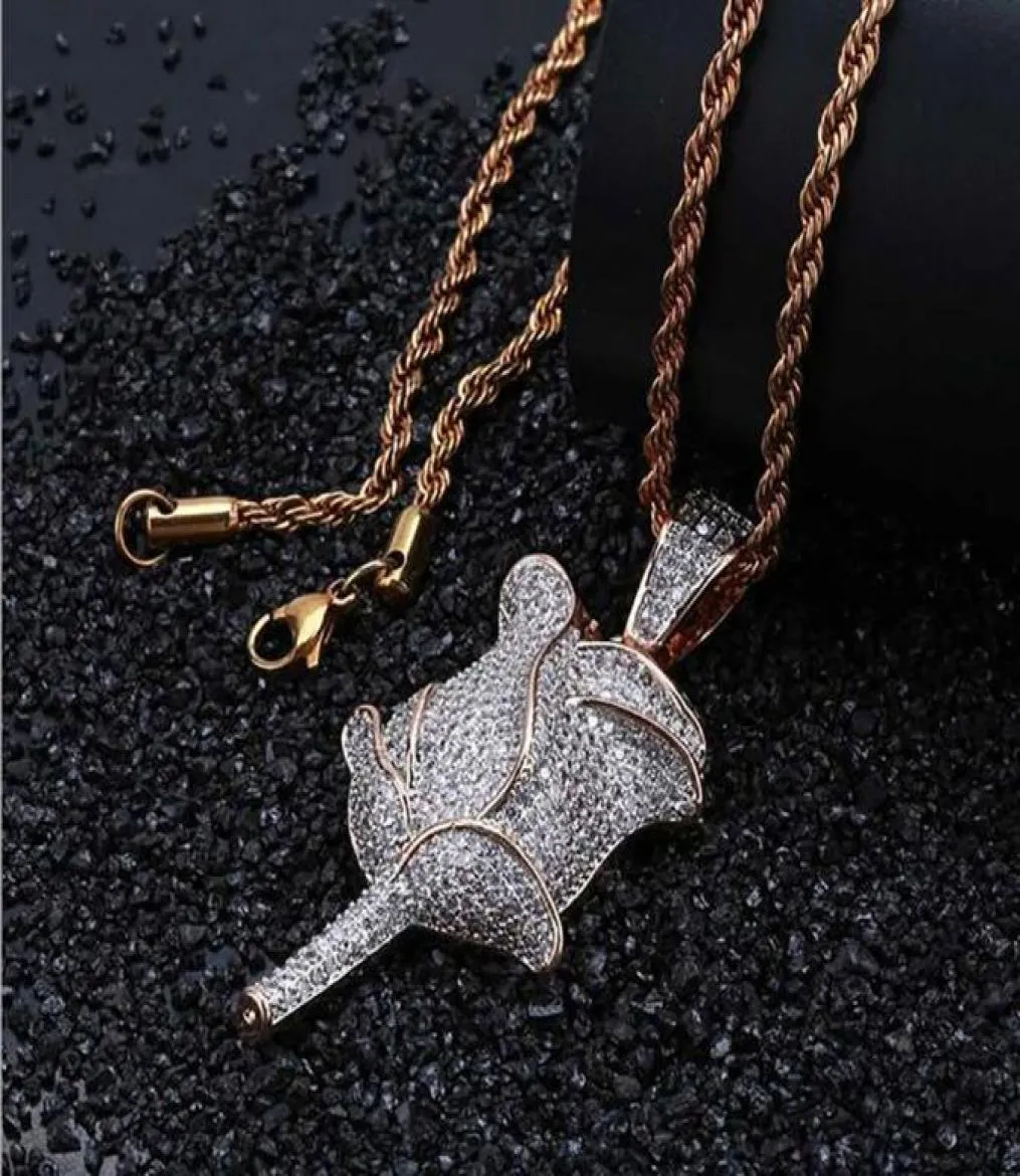 Rose Gold Silver Gold Rose Shape Pingente Gold Gold Bling Shine Hip Hop Pingente Pingente Pingente Cubic Zirconia 3D Pingente com 24 polegadas de corda C8448337