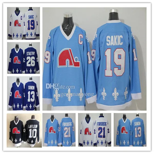 남성 레트로 퀘벡 노르 디크 유니폼 하키 19 Joe Sakic 21 Peter Forsberg 13 Mats Sundin 26 Peter Stastny 10 Guy LaFleur Light Blue White Black Uniforms