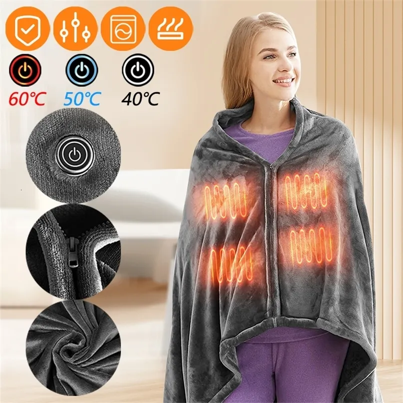 Электрическое одеяло зимнее холодное защитное тело теплее USB -подогревая теплое платье Электрическое нагретое плюшевое одеяло с подогревом платкой коралловый фланель нагреть одеяло 231212