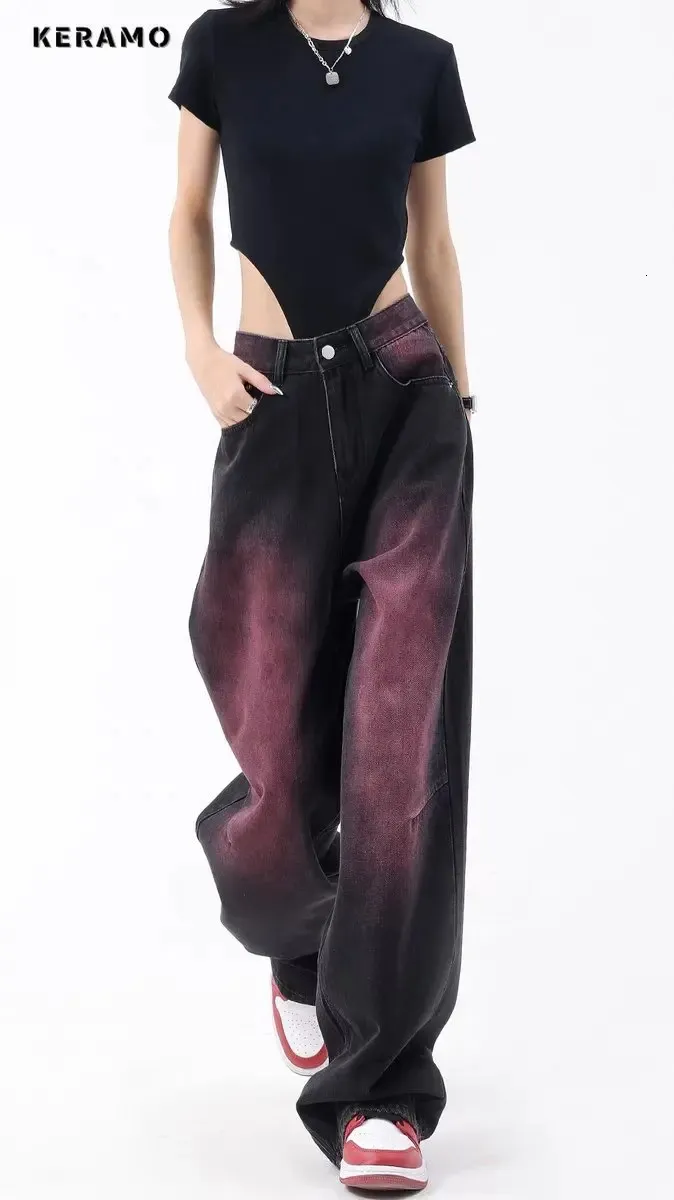 Dżinsy damskie American Retro Grunge High Talsed Prosty dżinsy damskie zwykłe torba Y2K szeroką nogę uliczną ubrania dżinsowe spustę dżinsową 231213