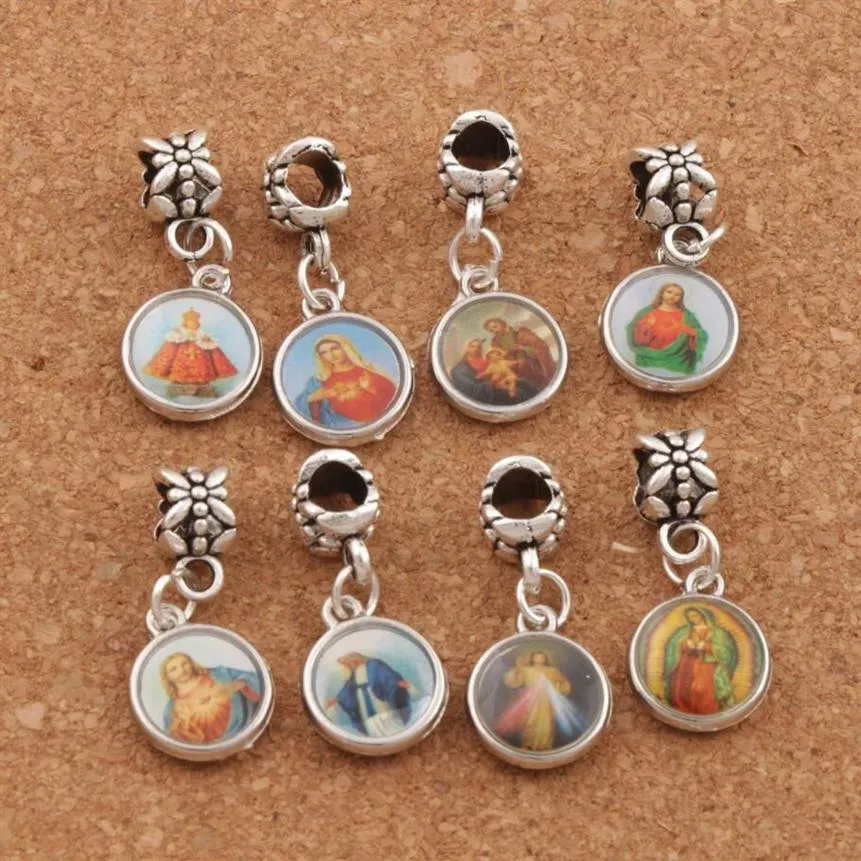 100pcs lot Enamel Catholic Religious Church Medals Saints Charm Beads Antique Silver Fit European Bracelets B1706 26 4x11 45mm185E