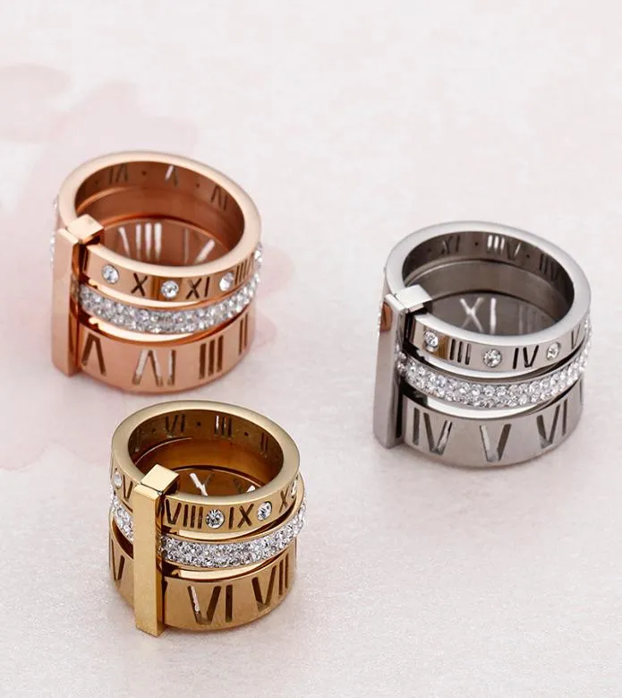 Women Men titanium steel silver love ring Rhinestone Rings For band Stainless Steel Rose Gold Roman Numerals Finger Femme Wedding 6690992