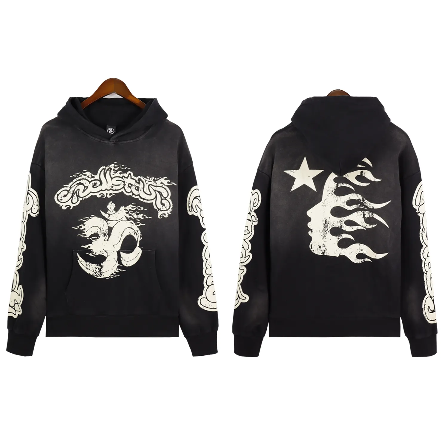 Hellstar Retro Water Wather As Old Mud Printing Sweater Mens Designer Street Hip -Hop Fashion Bairen Hoodie S -XL