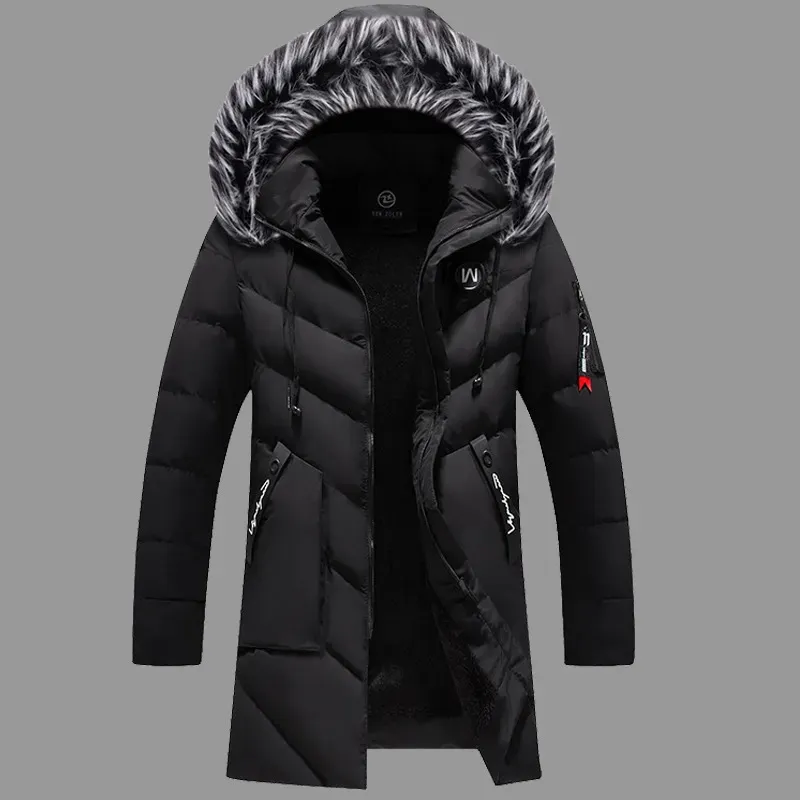 Herr ner parkor tjock fleece vinterjacka mode päls huva varm cooton parka manlig solid bomullsutkläder rockar vindbrytare plus storlek 6xl 231213