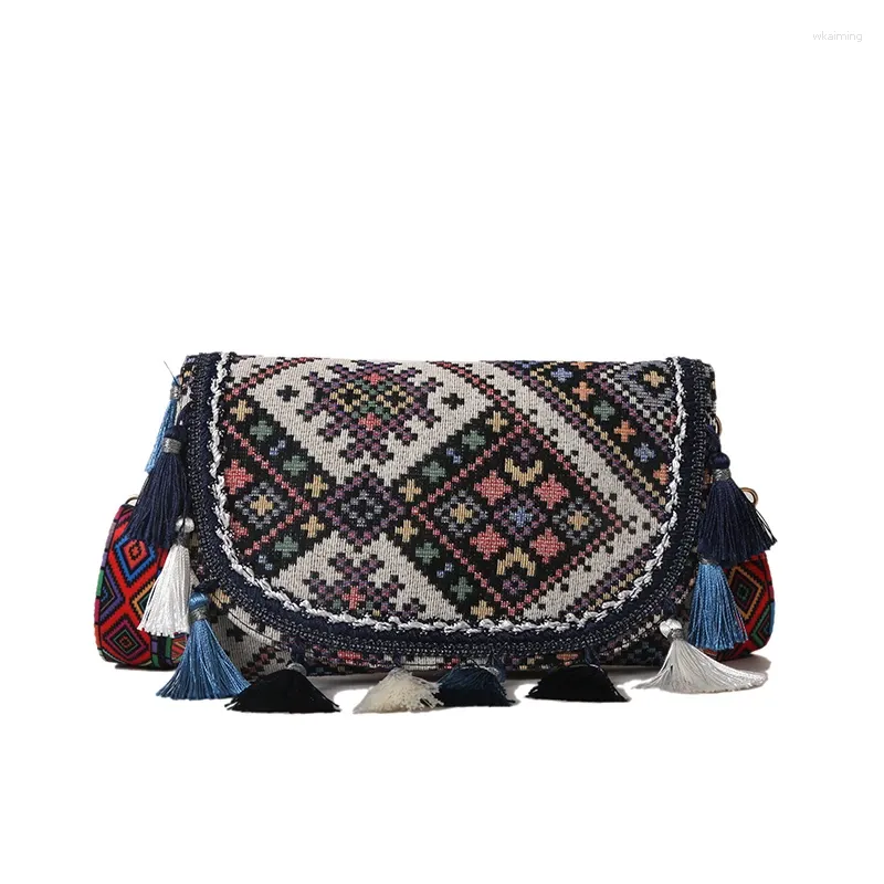 Sacos de noite Bohemian Canvas Messenger Bag Feminino Hippie Quadrado Borlas Ombro Boho Gypsy Flap Bolsa Mulheres Moda Crossbody