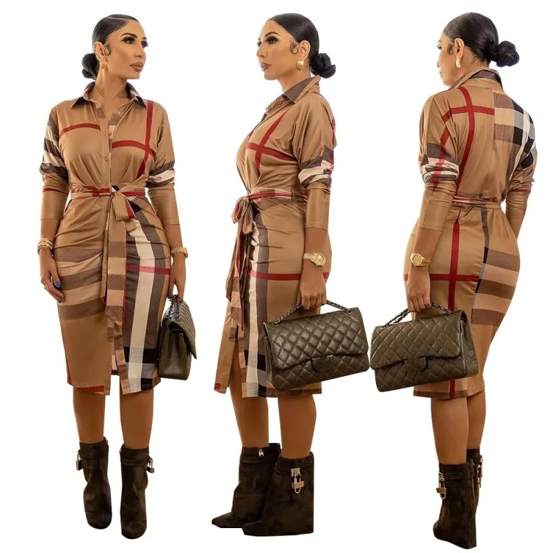 Autumn/winter High Quality Super Fashion Striped Lace-up Stand Collar Mid-length Shirtdress