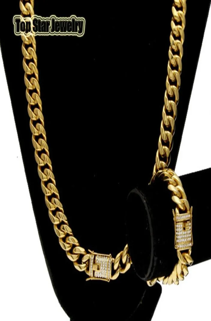 Smyckesuppsättningar i rostfritt stål 18K Guldpläterad gjutning Dragon CLAP WDIAMOND Cuban Link Halsband Armband 2st Män Curb Chains 105935237