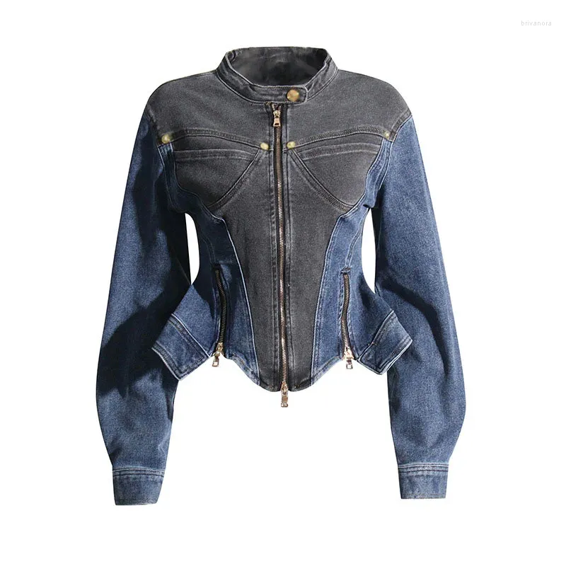 Giacche da donna Streetwear Denim Cropped Donna 2023 Autunno Inverno Bottoni Multi Zip-Up Manica lunga Y2K Cappotti da moto Capispalla femminile