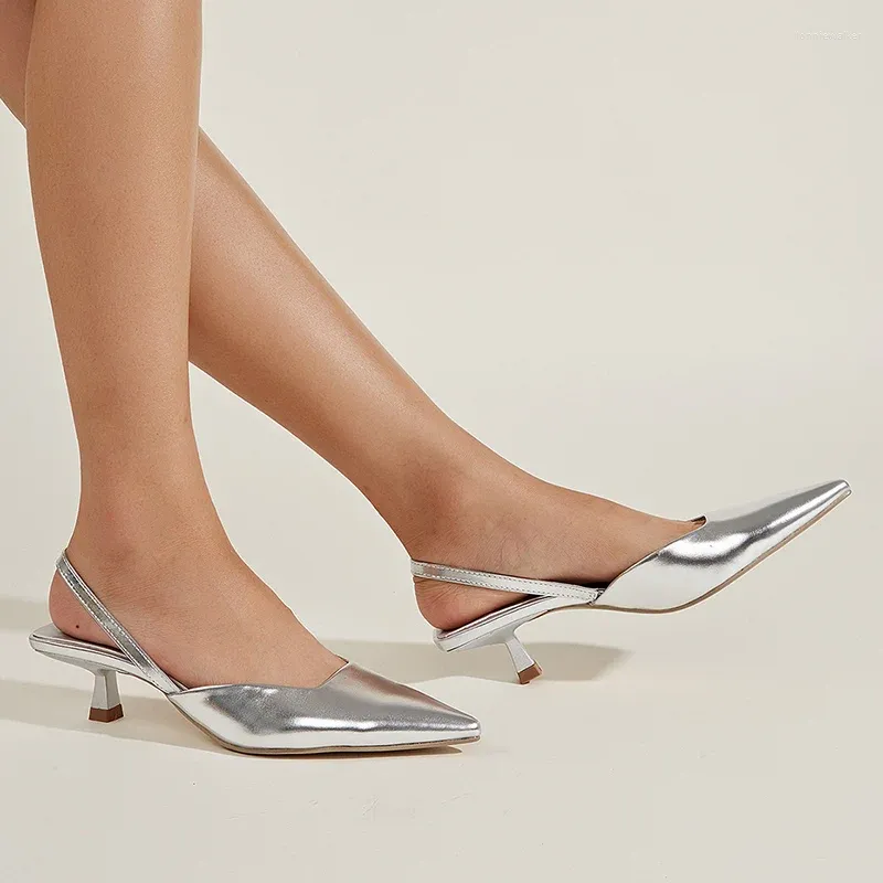 Sandals 2024 Summer Women Kitten Heels Slingback Silvery Pointed Toe Low Thin High Shoes Close Pumps