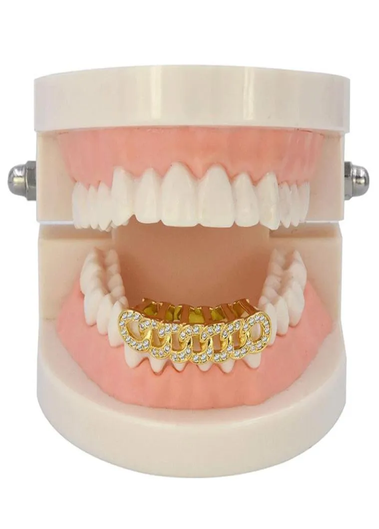 18K Gold Plated Iced Out Brass Crystal Cuba Link Top Teeth Grillz Hip Hop Bling Body Jewelry7182098