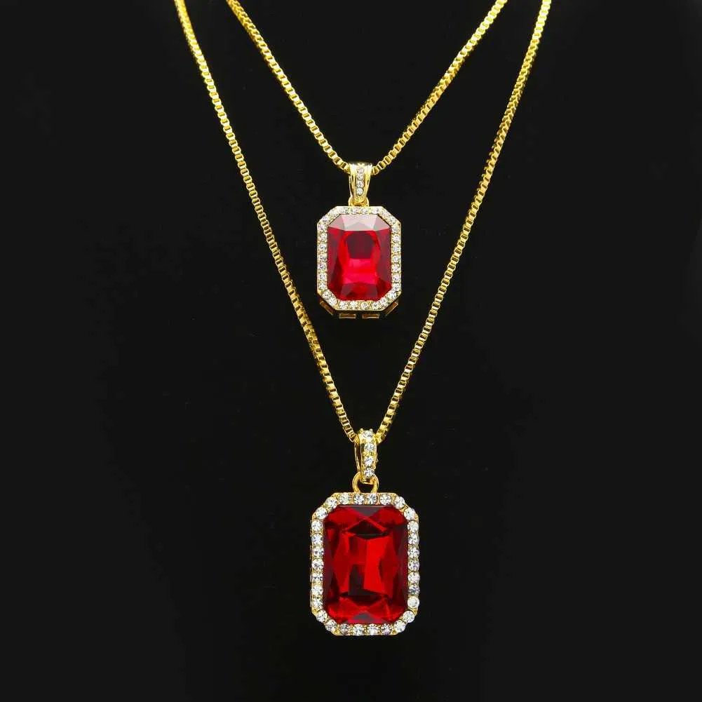 Ensemble de bijoux collier rubis de styliste, plaqué argent plaqué or, pendentif carré rouge glacé, chaîne de boîte Hip-hop Jds2