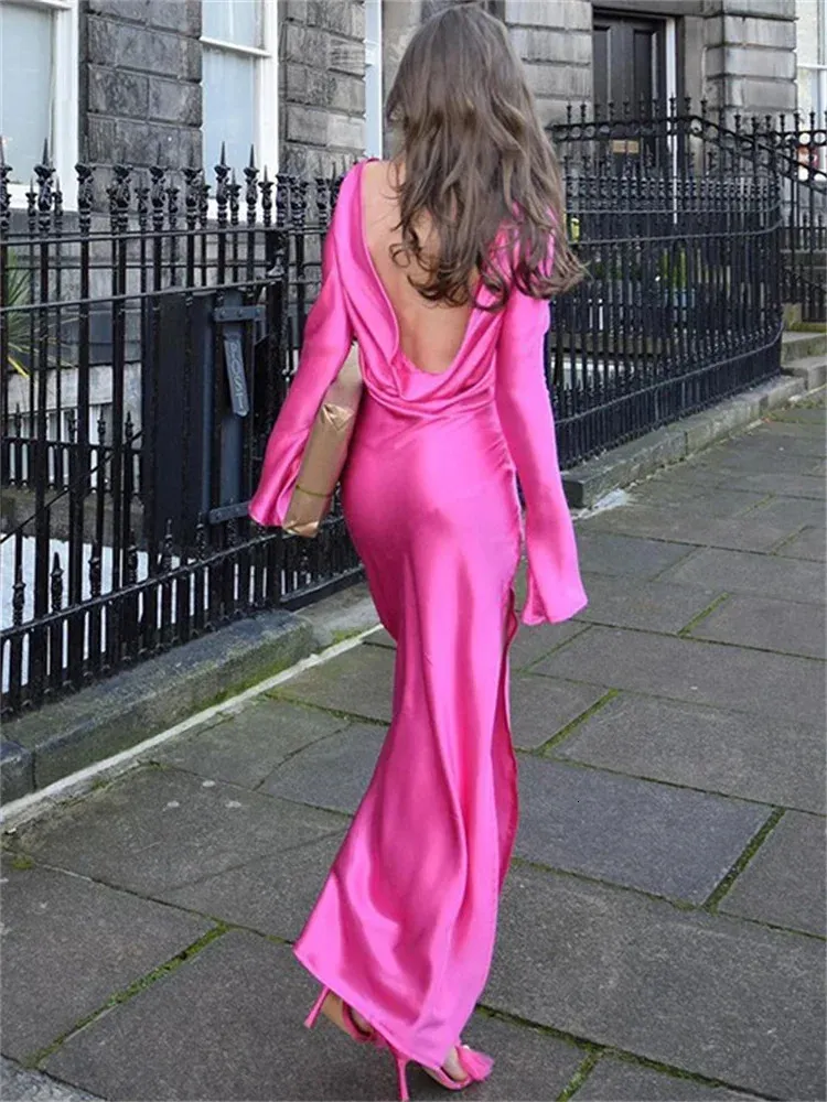 Urban Sexy Backless Satin Maxi Dress for Women with Slash Neck and Short  Sleeves Mid-Calf Length Autumn