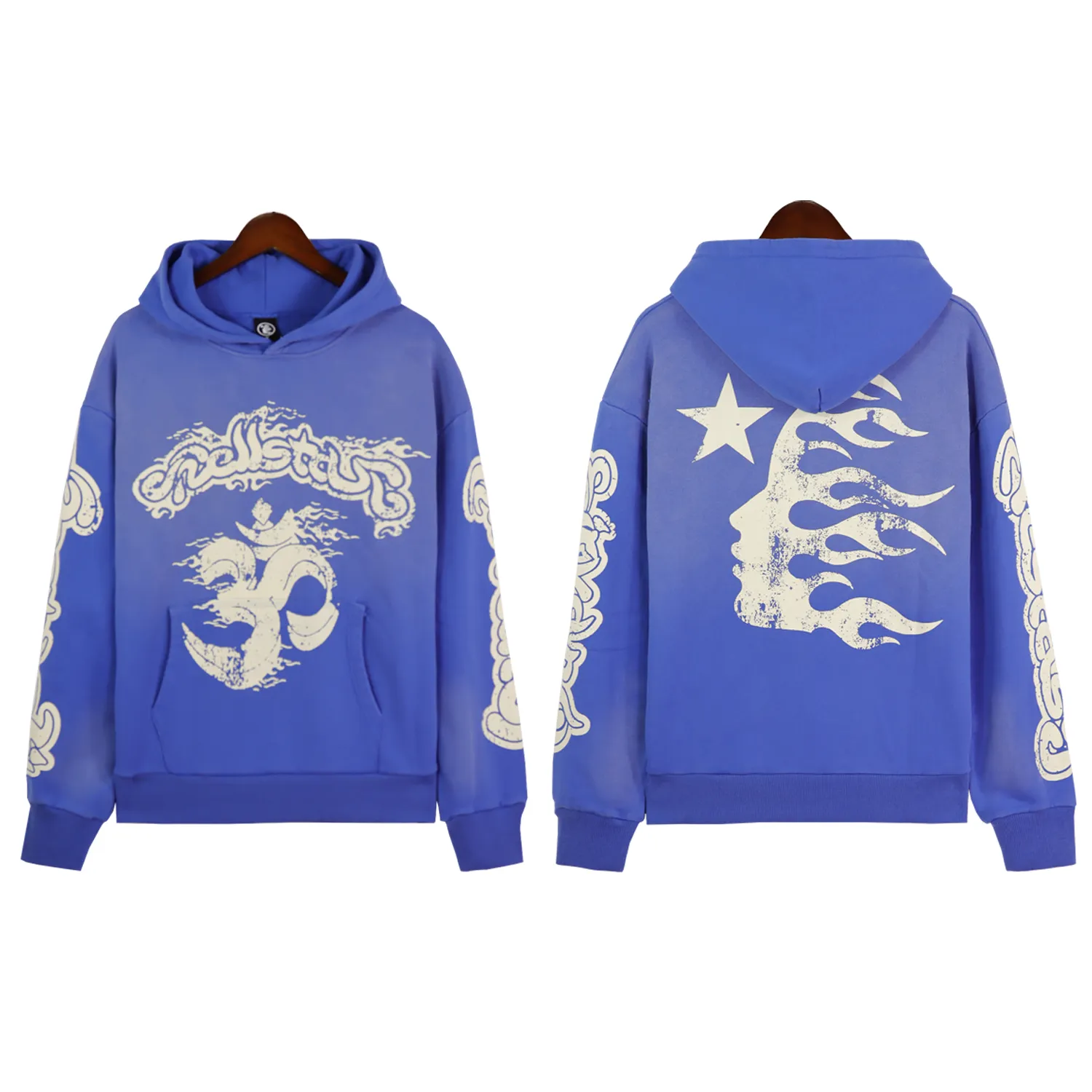 Hellstar Retro Water Mycie jako stary błotna drukarnia Sweter Men's Designer Street Hip -hop Fashion para bluza z kapturem S -xl C23
