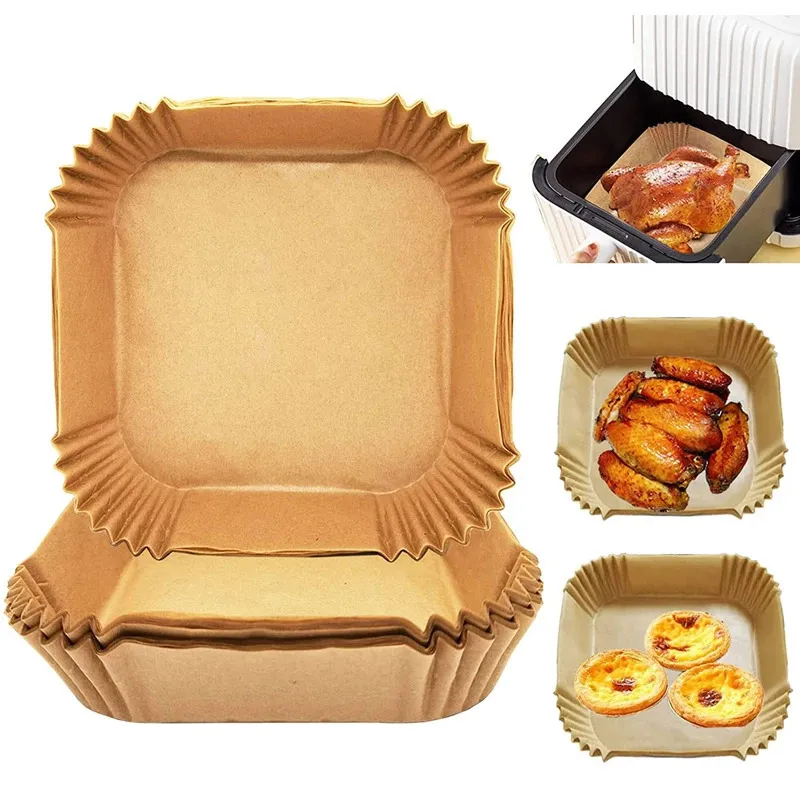 Velas 50/100pcs fritadeira de ar acessórios de papel descartáveis quadrado redondo forro à prova de óleo tapete antiaderente para forno de cozinha cozimento 231212