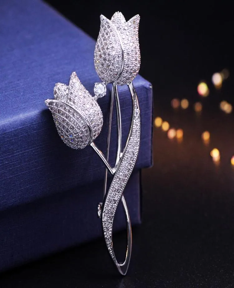 Tulip Flower CZ Brooch Pin Elegant Rose Flower Cubic Zircon Brooches For Wedding Costume Accessories Jewelry Valentine039s Day 1137956