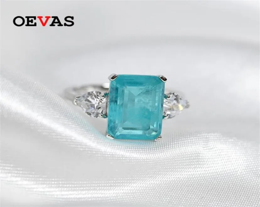 Oevas 100 925 STERLING Silver Paraiba Tourmaline Gemstone Rings for Women Sparkling High Carbon Diamond Wedding Bijoux 22027114375