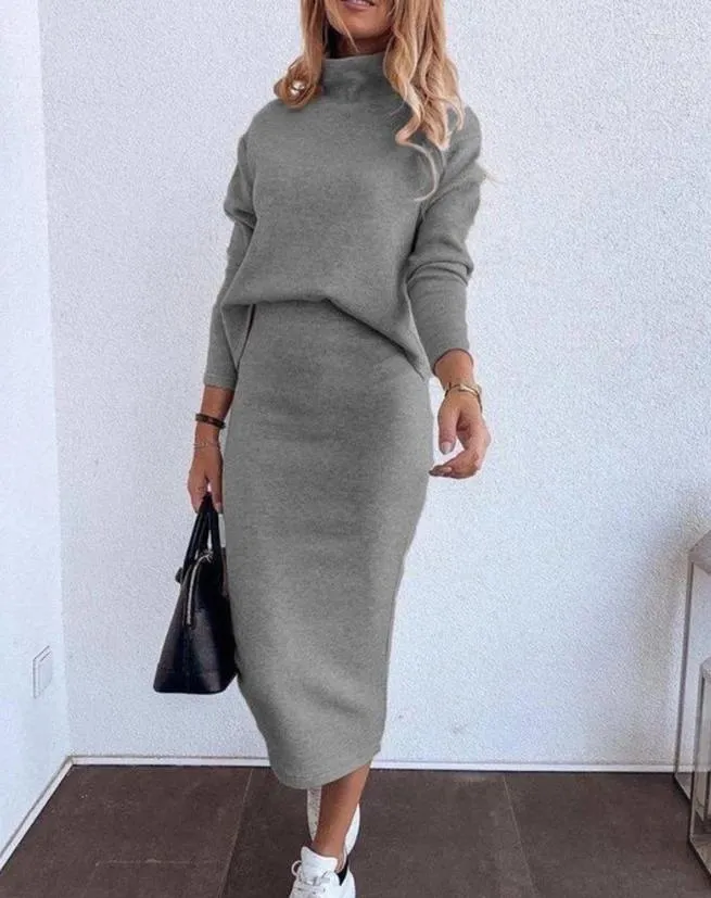 Work Dresses Two Piece Set Women Outfit Autumn Fashion Mock Neck Plain Long Sleeve Sweatshirt & Casual High Waist Daily Mid-Calf Skirt