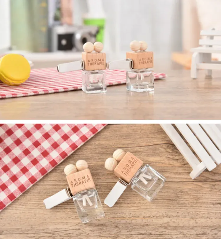 HOt Sale Clear Glass Bottle for Hanging Car Air Freshener Perfume Diffuser Fragrance Empty Refillable Oil with Wooden Candy and Cap