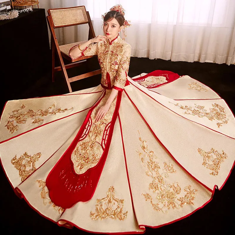 Этническая одежда Yourqipao Китайский тренд Свадебные платья Костюм Традиционная невеста Шампанское Золотая церемония Сюхэ Пара 231212