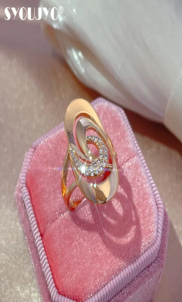Bijoux SYOUJYO luxe ajouré spirale motif bague pour femmes 585 or Rose naturel Zircon Micro cire incrustation fête de mariage mode 9232559