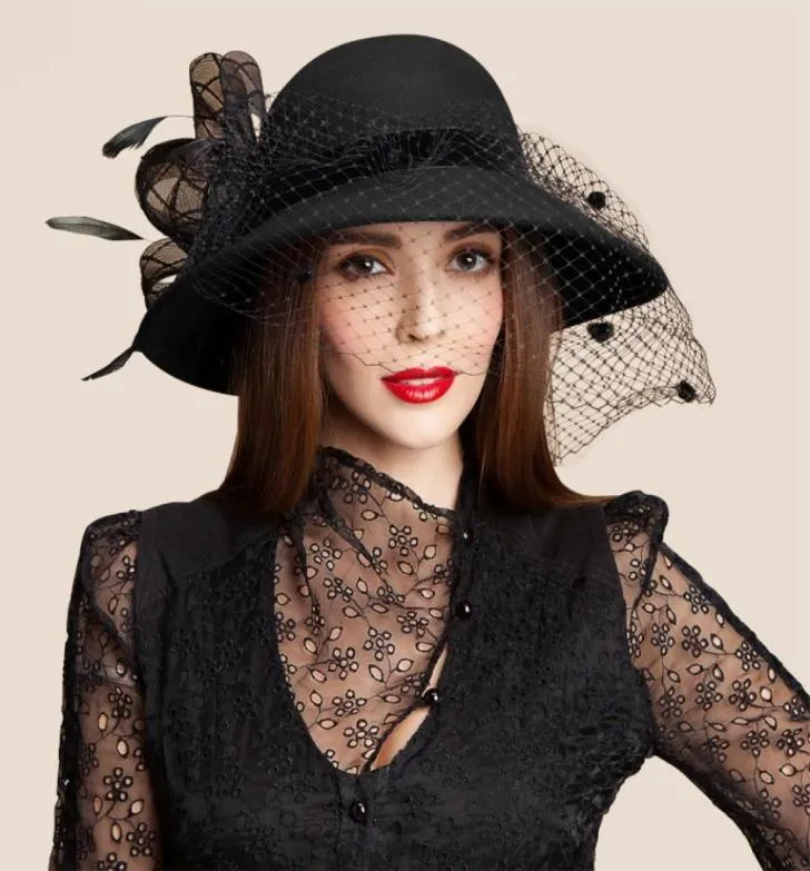 Womens Wool Felt Floral Veil Netting Feather Church Dress Wide Brim Derby Hat Cocktail Party A3226380678