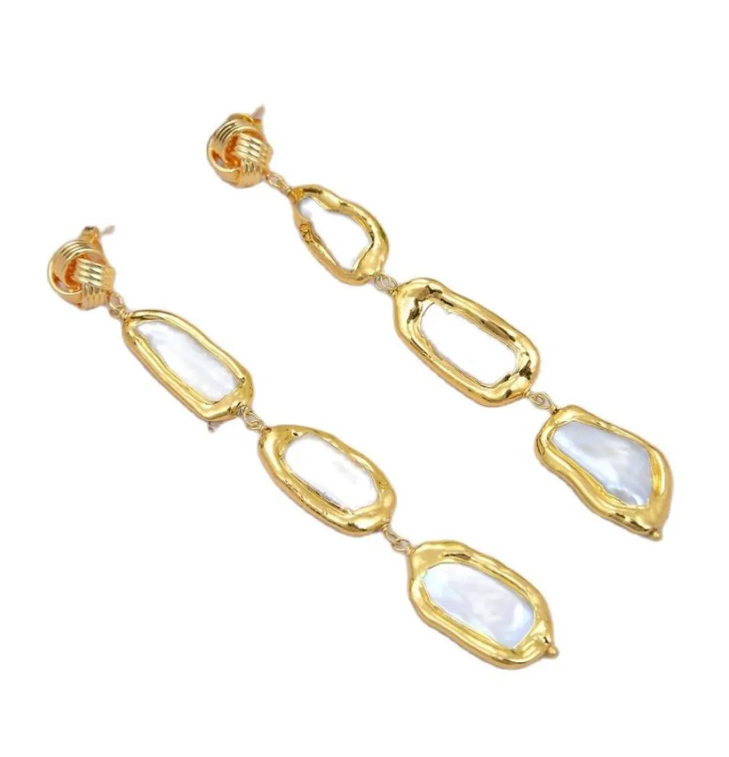 GuaiGuai bijoux perle Biwa blanche de culture avec bord galvanisé boucles d'oreilles pendantes faites à la main pour les femmes vraies pierres précieuses pierre dame Fa3813062