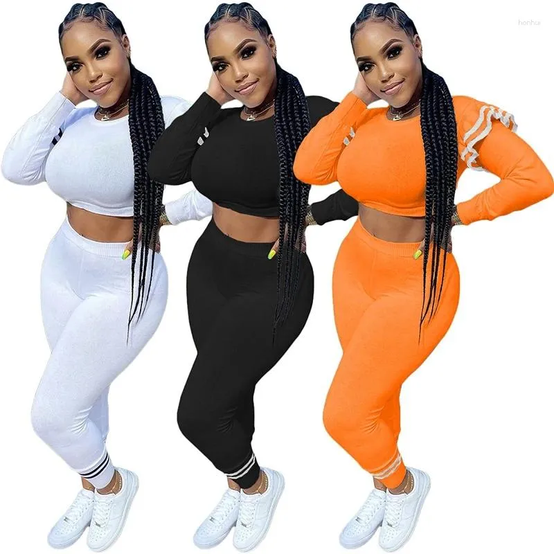 Pantalon de deux pièces pour femmes Automne Manches longues Survêtements solides Haut court à volants et Fitness Skinny Jogger Casaul Tenues de sport Ensemble assorti