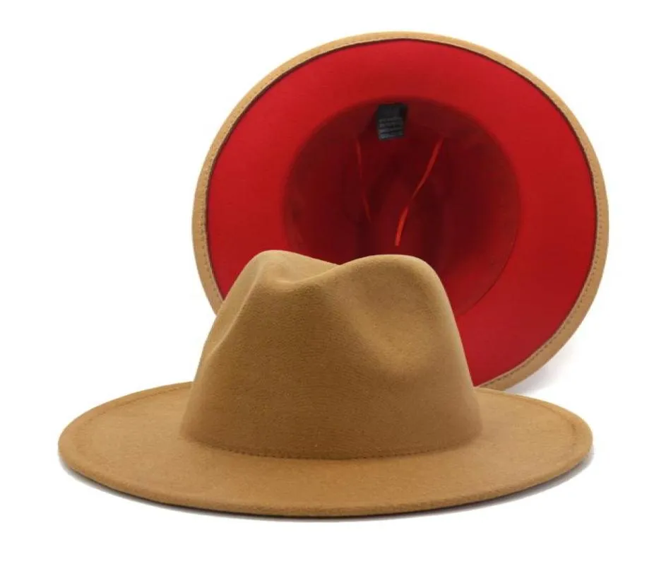 Tan Red Patchwork Wool Felt Jazz Fedora Hats Wide Brim Women Men Party Wedding Cowboy Trilby Panama Gambler Hat2860310