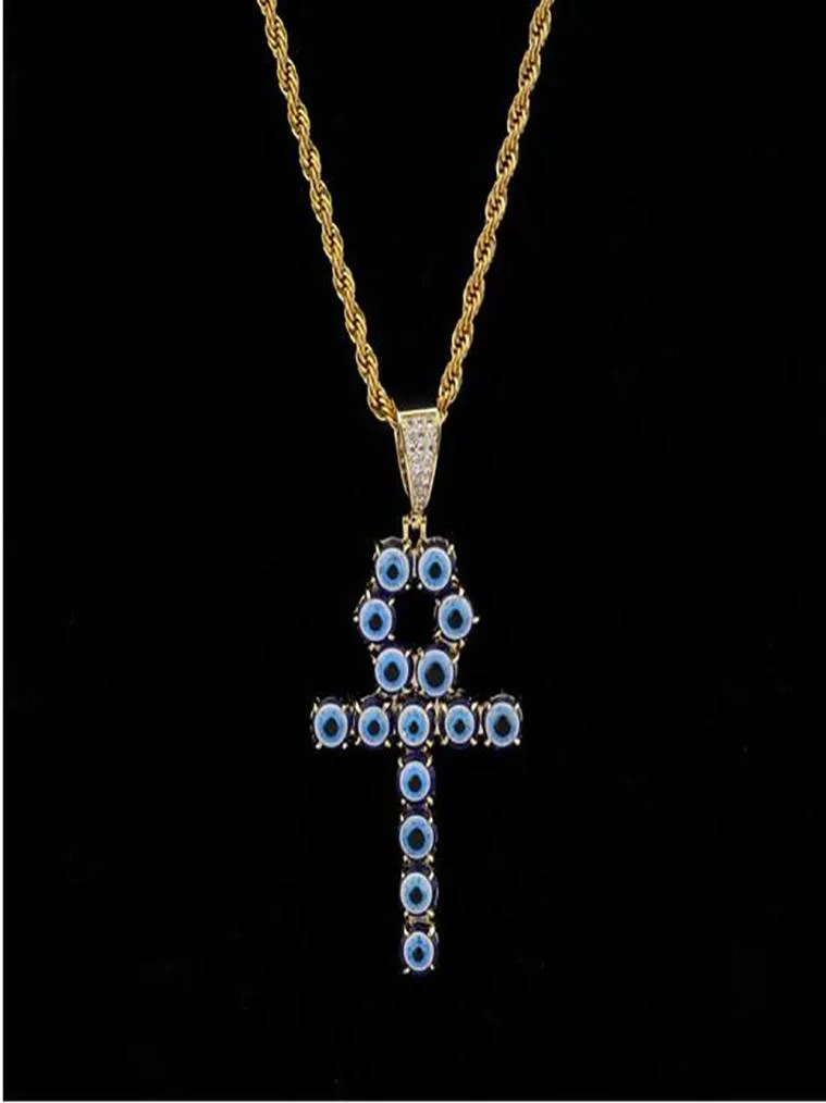 Couleur bleu Egyptien Ankh Key of Life Collier 18K Gold plaqué Copper Pendant Cubic Zirconia Hip Hop Jewelry7836074