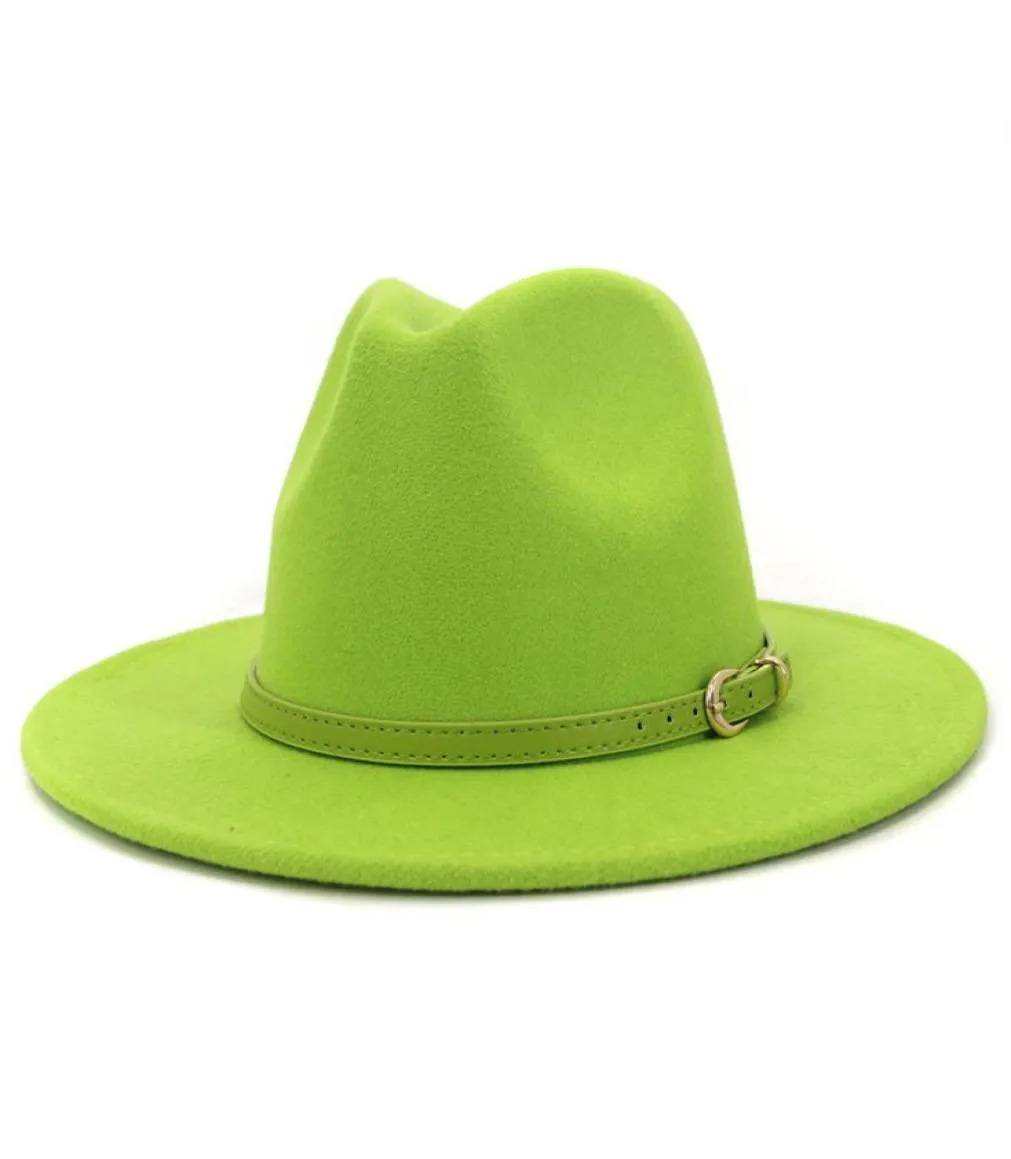 Moda Verde Lime Fibbia Della Cintura Decorazione Feltro di Lana Artificiale Jazz Cappelli Fedora Donna Uomo Piatto Tesa Larga Panama Cappello da Cowboy L XL9251654