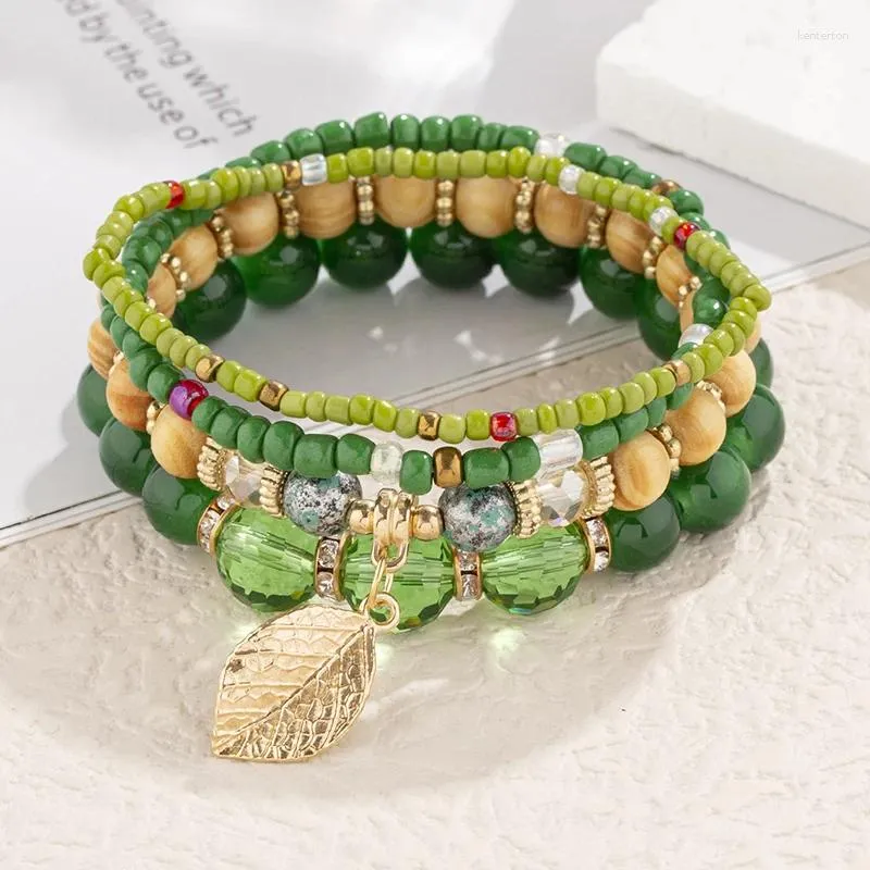 Strand Boho 4pcs Crystal Beads Bracelet Set Women Natural Wood Golden Leaf Pendant Bracelets Elastic Rope Wrap Bangle Jewelry