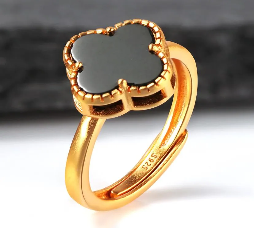 Spring Huanxin 925 Silver Inlaid Hetian Ink Jade Ring Four Leaf Grass Mouth Justerable9281446