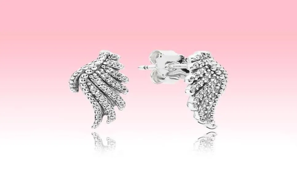 100% REAL 925 Sterling Silver Wing Earring Women Girls Party Jewelry for P Feather Studörhängen med original Box Set4574264