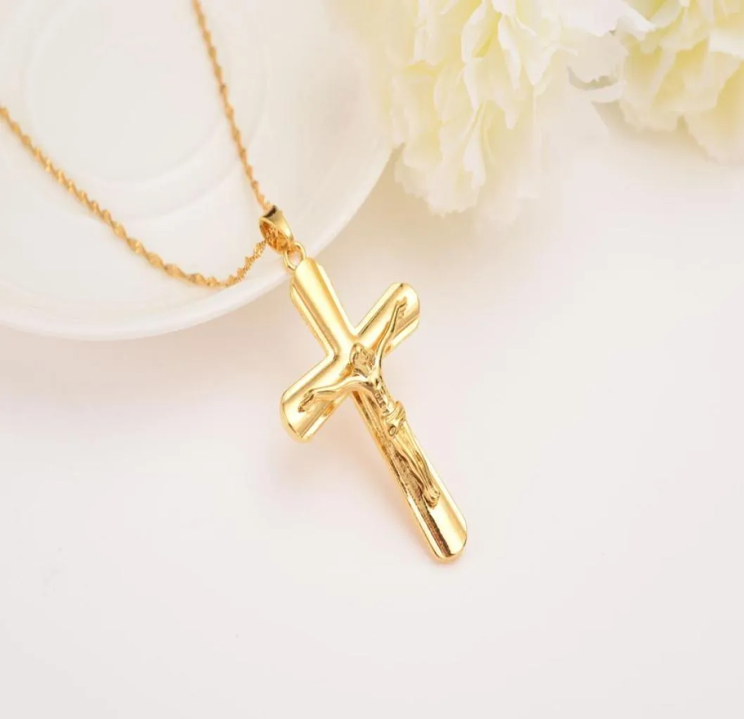 Men Fine Solid Gold Finish Necklaces Whole Crucifix Pendant Women Jewelry Fashion Jesus Decoration Dress2530215