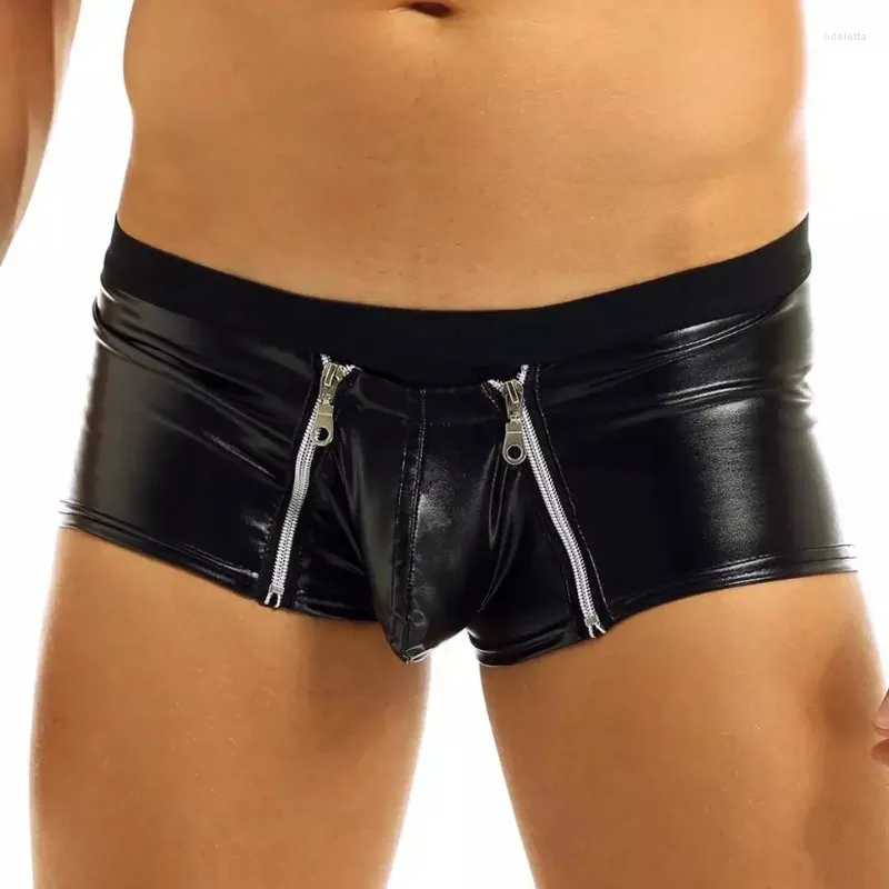 Mutande da uomo Mutandine con cerniera Intimo sexy in pelle Pu Boxer Tronchi Uomo Rigonfiamento Custodia per pene Night Club Pantaloncini Lingerie morbida