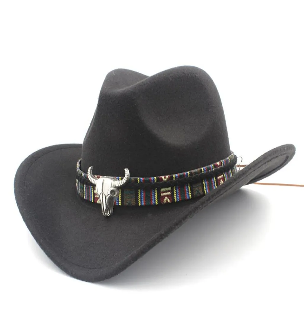 Ethnic Style Cowboy Western Hat Fashion Unisex Solid Color Cowgirl Jazz Cap with Alloy Bull Head Belt for Men Women Size 5658cm3862678