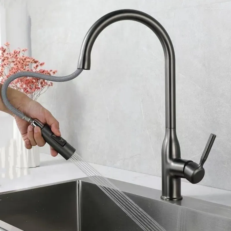 Kitchen Faucets Fashion Gun Grey SUS304 Stainless Steel Sink Faucet Pull Out Mixer Tap Cold Water With Two Mode Sprayer