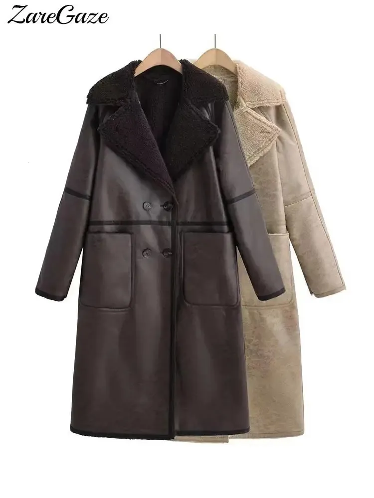 Femmes en cuir fausse fourrure laine d'agneau Double manteau femmes polaire épais chaud poitrine femme longue veste automne hiver revers dame pardessus 231214