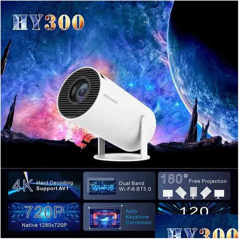 Projetores Projetores Hy300 Home Theater Projetor 4K HD Android 11 Dual Wifi 6.0 120 Ansi Bt5.0 1080P 1280X720P Cinema Outdoor Portab Dh9Jm