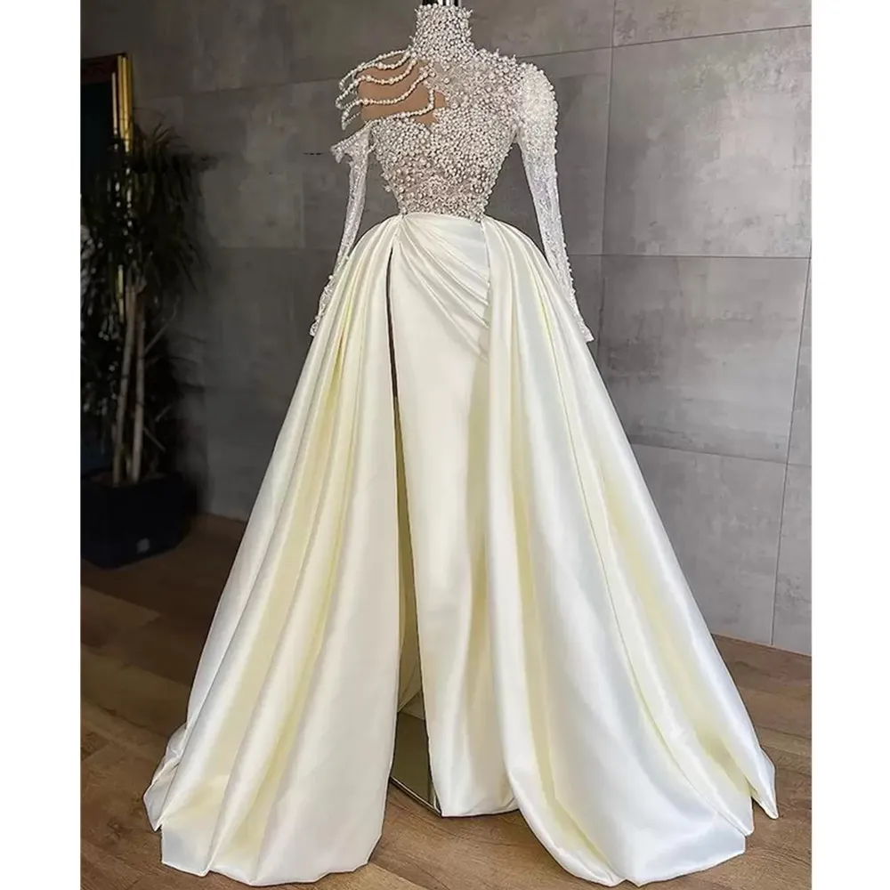 Dubai White Wedding Dresses Sleeve Pearls Formal Bridal Gowns Vestidos De Noiva 2024 Plus Size Satin Long Split Side Bride Dress YD 328 328