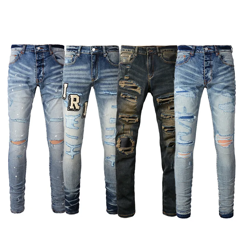 Hiphop rippade jeans nödställda dubbla lager baggy denim byxor herr mode streetwear lila jeans designer mens jeans