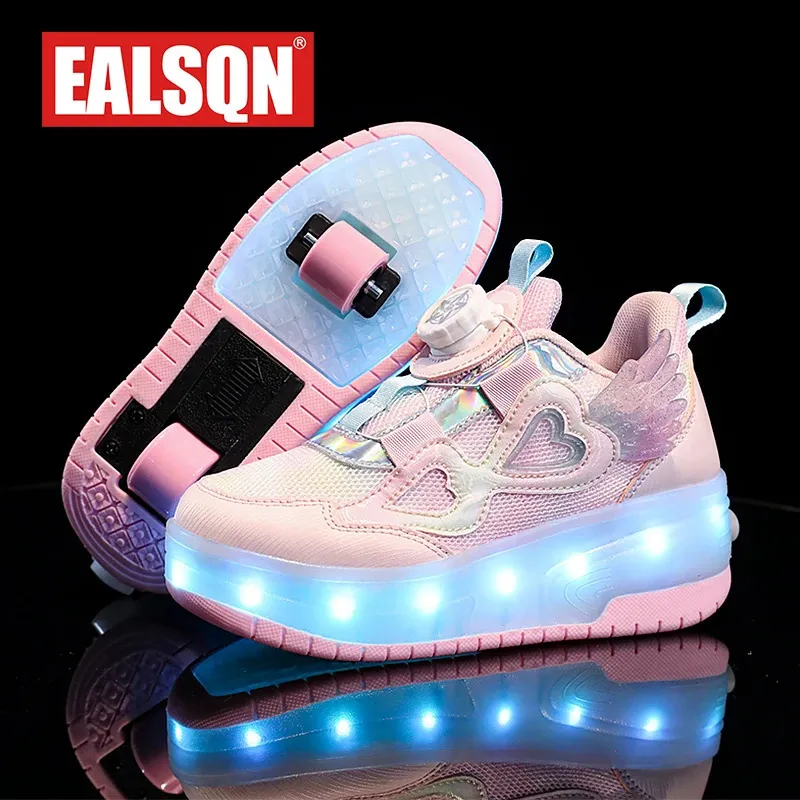 Stivali Bambini Due ragazze Ruote Luminose Scarpe da ginnastica luminose Tacchi Rosa Led Luce Scarpe da skate Roller Bambini Ricarica USB 231214