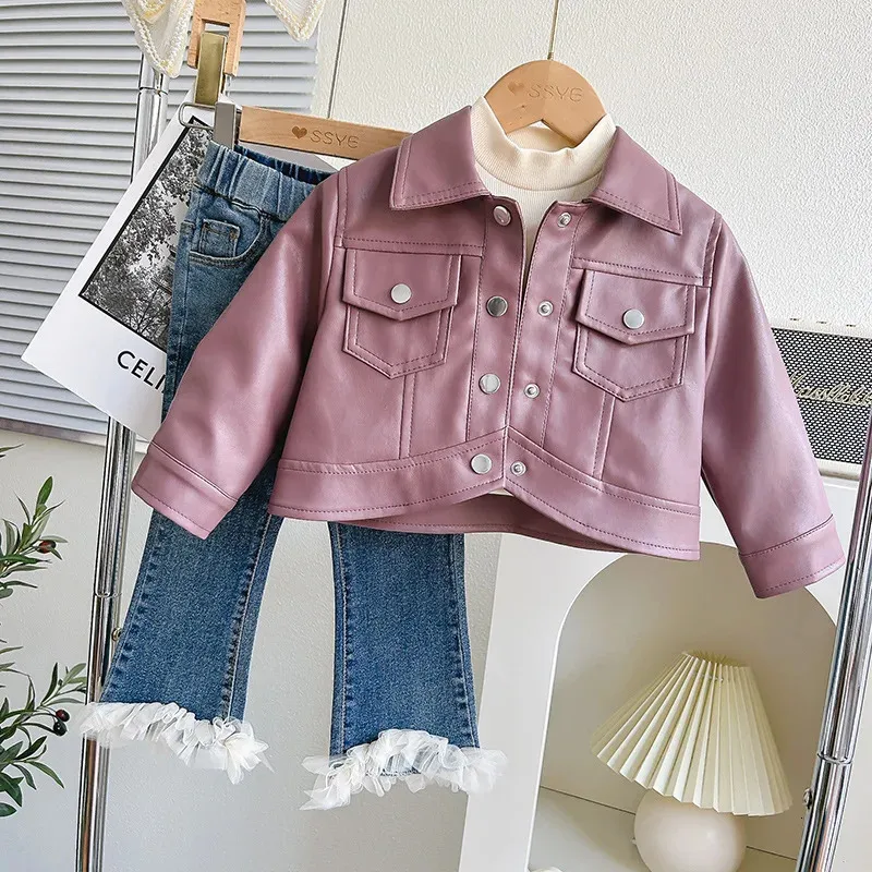 Clothing Sets Girls Leather Jackets Spring Autumn Coat Kids Jeans Children Outerwear Fashion Fall Toddler Girl Clothes 2 8Y 231213