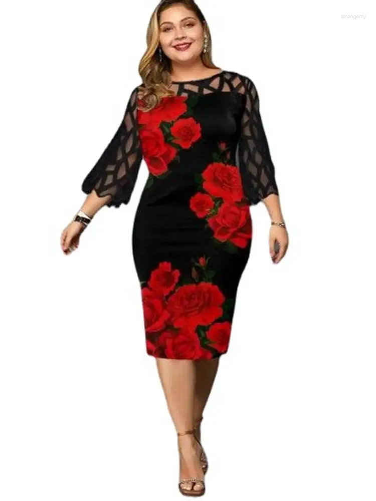 Casual Dresses Summer Plus Size Fashion Dress 7XL 6XL 5XL Ladies Round Neck Digital Printing Lace Stitching Cropped Sleeve Dress.